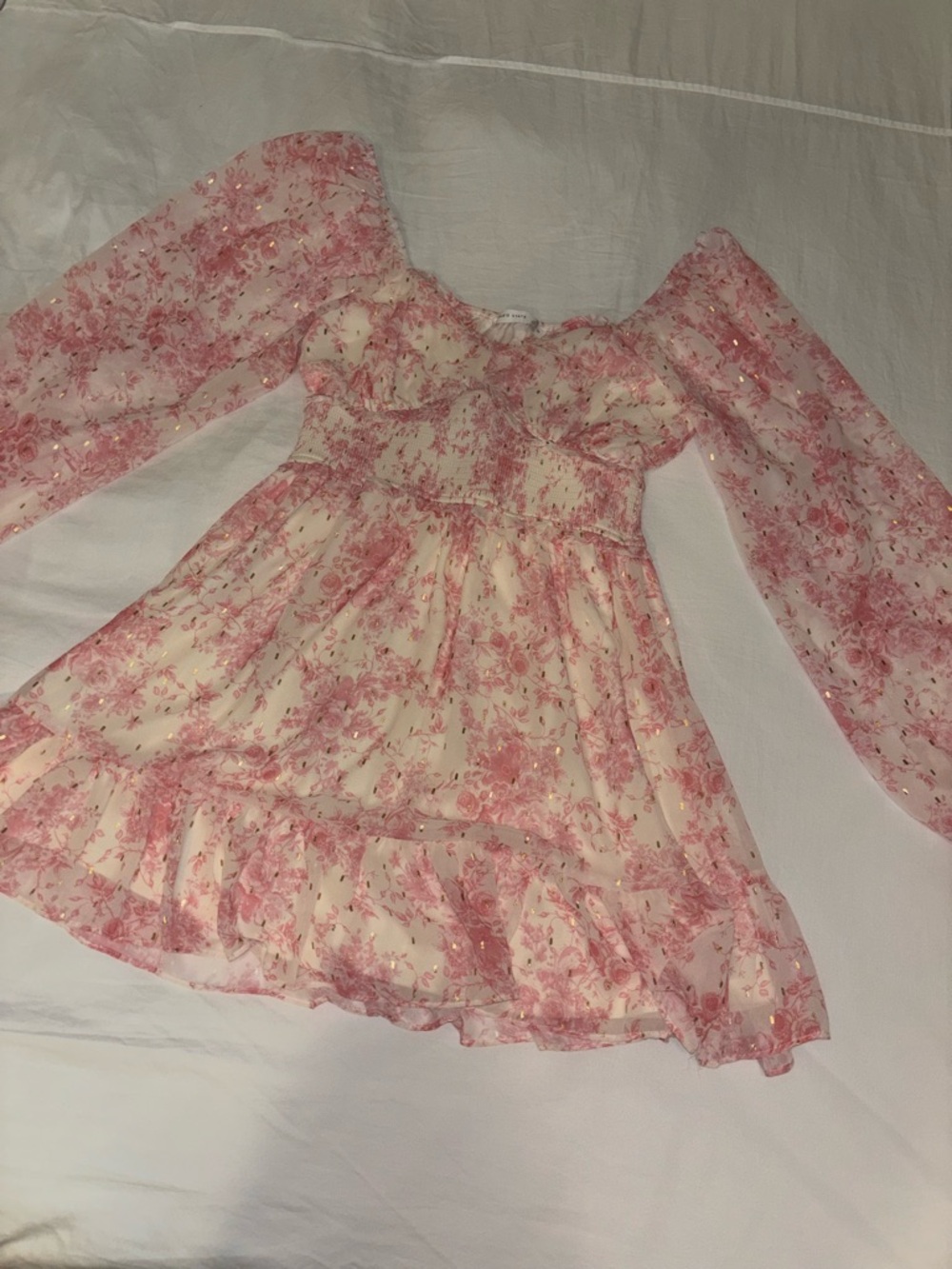 NWOT Altar'd State Pink Floral Long Sleeve Ruffle Chiffon Dress